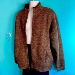 L. L. Bean Mens Size L Wool and Linen Brown Knit Jacket Full Zip Fleece Interior